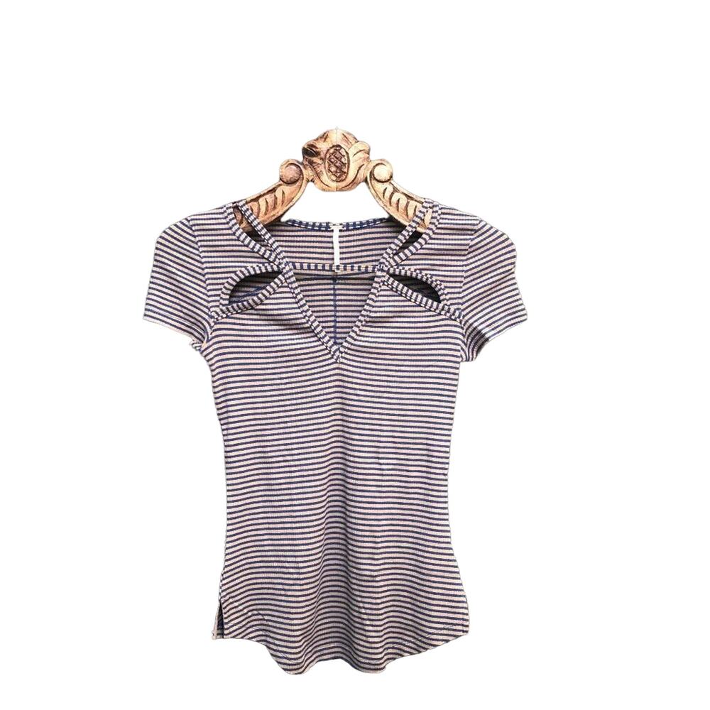 Free People Top Horizontal Striped Cutout BodyCon Ribbed Tee Shirt Small